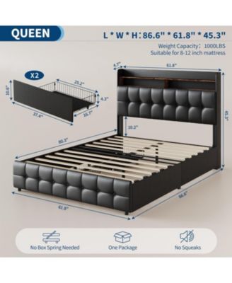 Queen Size Bed Frame with 2 Storage Drawers, Upholstered Bed Frame Queen with LED Light
