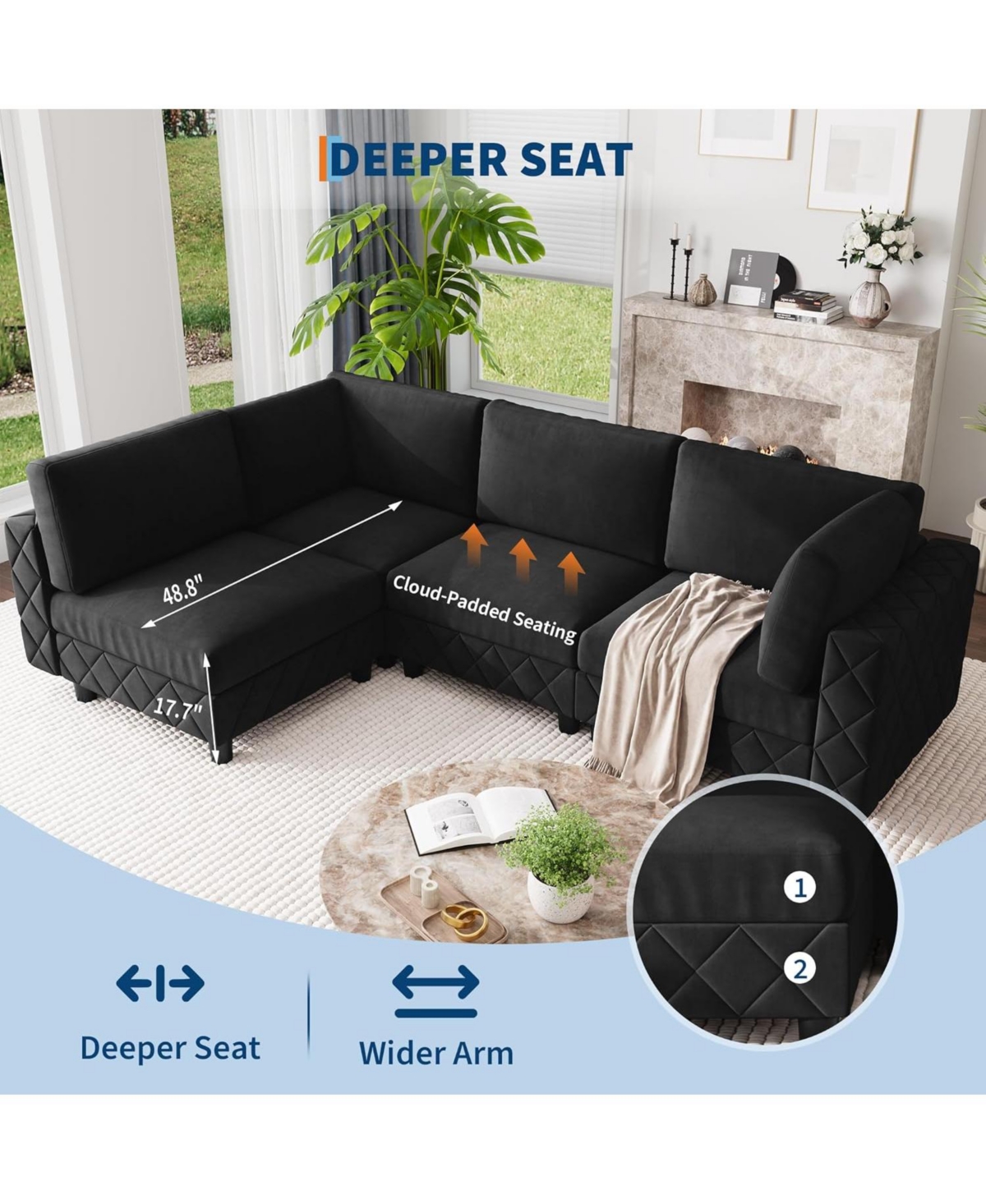 gaomon 134 in Cloud Couch L Shaped Sofa, 4 Seat High Density Sponges Modular Sectional Sofa, Velvet Couch with Upholstered for Living Room