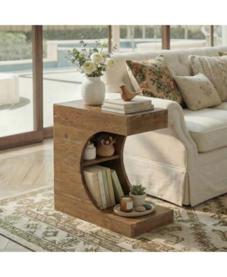 C-Shaped Solid Wood End Table, Farmhouse Side Table with Shelves, 2-Tier Nightstand