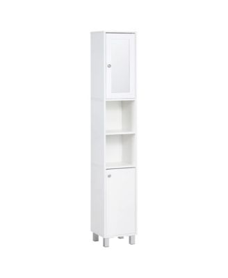 Tall Bathroom Storage Cabinet with Mirror, Wooden Freestanding Tower Cabinet with 2 Enclosed Cabinets, 2 Middle Open Shelves for Small Spaces