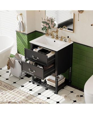 24 Inch Vintage Bathroom Vanity with Ceramic Sink, U-Shaped Drawers and Open Storage Shelf for Small Spaces-Sillysis