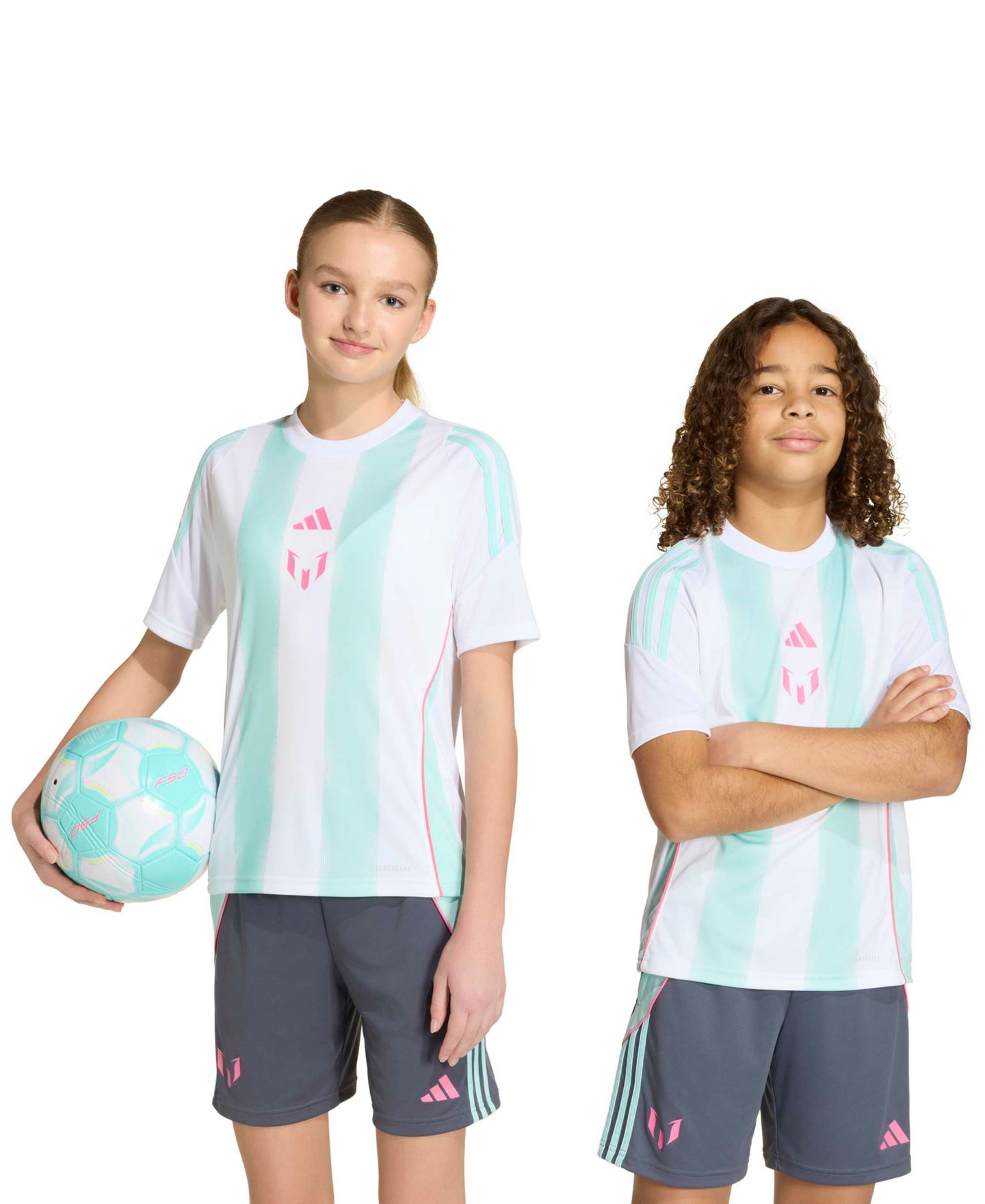 Детская тренировочная футбольная джерси adidas Messi, 6-20 лет, цвет: Белый / Аквамариновый — фото 1