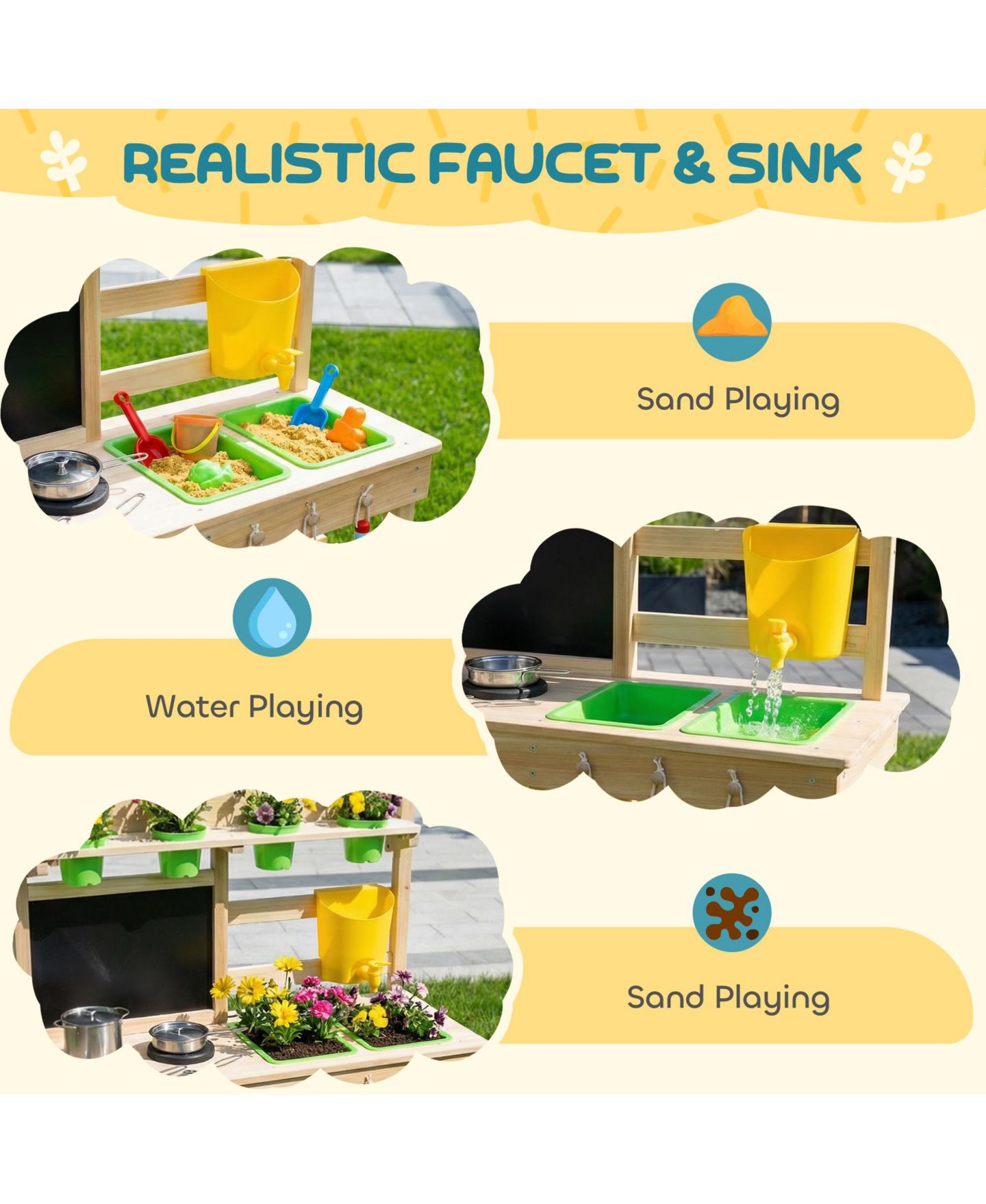 Детская игрушка Qaba Wooden Kids Mud Kitchen with Kitchenware and Garden Tools, цвет: Натуральный — фото 2