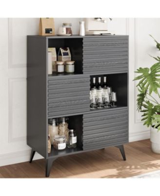 31" Fluted Sliding Door Sideboard,Modern Wooden Storage Cabinet with Metal Base, Floor-Standing Storage Cabinet