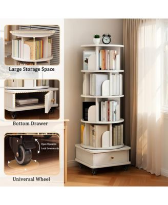 5 Tier Rotating Bookshelf with Drawers On Wheel, 360° Display Spinning Corner Bookcase, Wooden Storage Rack for Study Room