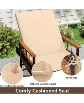 Patio Rattan Chaise Lounge Reclining Lounger Chair w/ Wood Armrests Outdoor