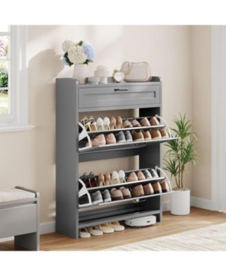 Shoe Cabinet with 2 Flip Drawers and 1 Top Drawer High-Gloss Painted Wood Shoe Organizer
