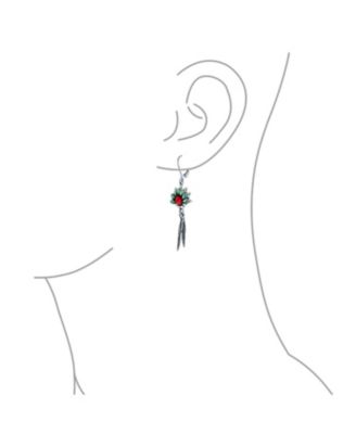 Western Style Squash Blossom Turquoise and Coral Feather Dangle Earrings .925 Sterling Silver