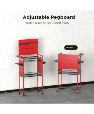 Large Pegboard Tool Organizer Cart with 3-Tier Shelves for Garage and Home