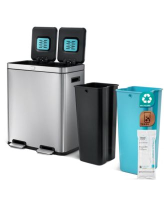 16 Gallon Stainless Steel Kitchen Trash and Recycling Can with CleanAura Odor Control and Soft Close Lids