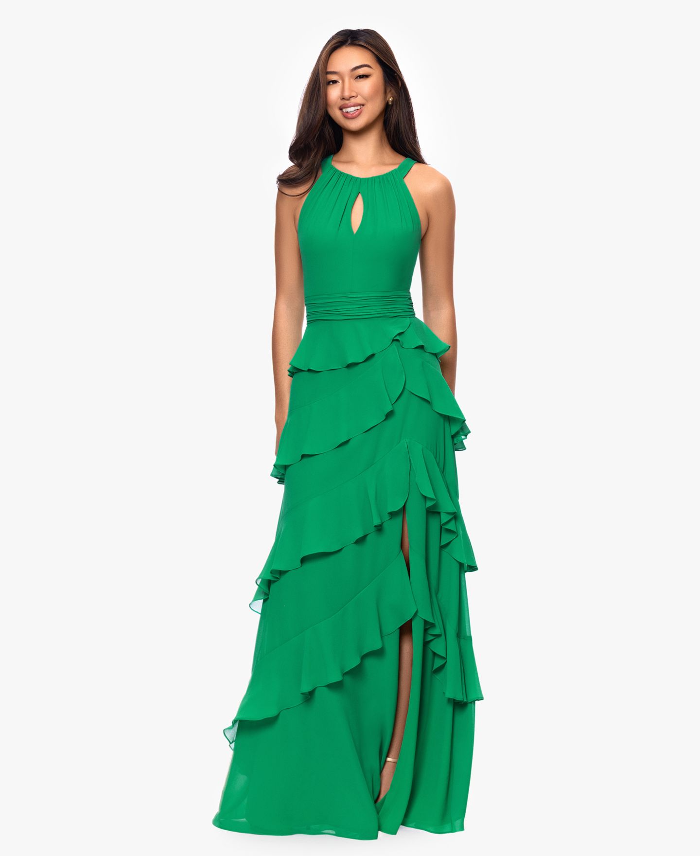 Женское платье XSCAPE Halter Tiered Ruffle Gown, цвет: Изумрудный — фото 2