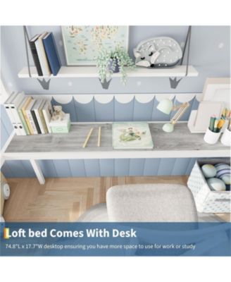 Twin Metal Loft Bed with Large Desk Storage Shelves Ladder Safety Guardrail Steel Slats Space-Saving