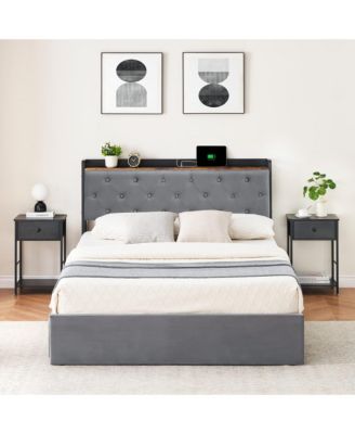 Upholstered Platform Bed Frame Storage Headboard 4 Drawers Charging Station No Box Spring Noise-Free Easy Assembly
