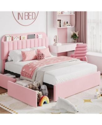 Upholstered Platform Bed with Storage Headboard and 2 Drawers- Boucle Fabric- Bookcase- Easy Assembly- No Box Spring Needed