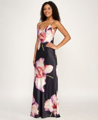 Juniors' Large Floral Printed V-Neck Slip Dress