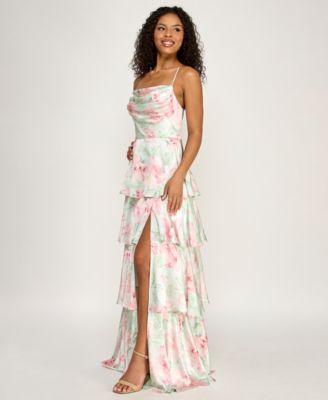 Juniors' Floral Strapless Pleated Square Neck Drop Waist Dress