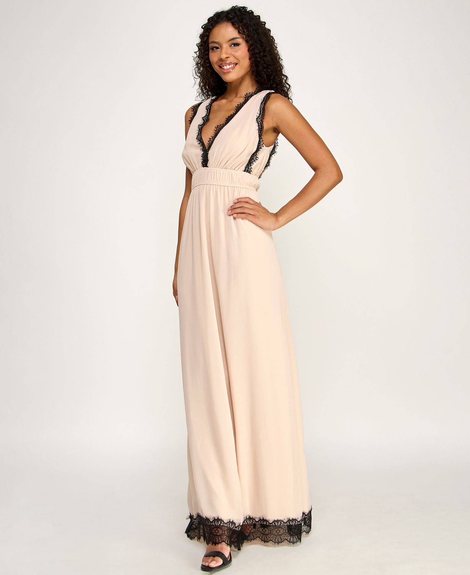 Juniors' Sleeveless V-Neck Deep Plunge Lace Trim Dress