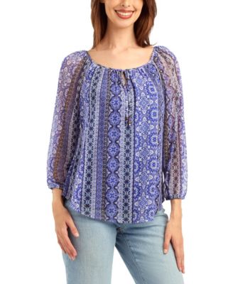 Women's Print Mesh Scoop Neck Peasant Top
