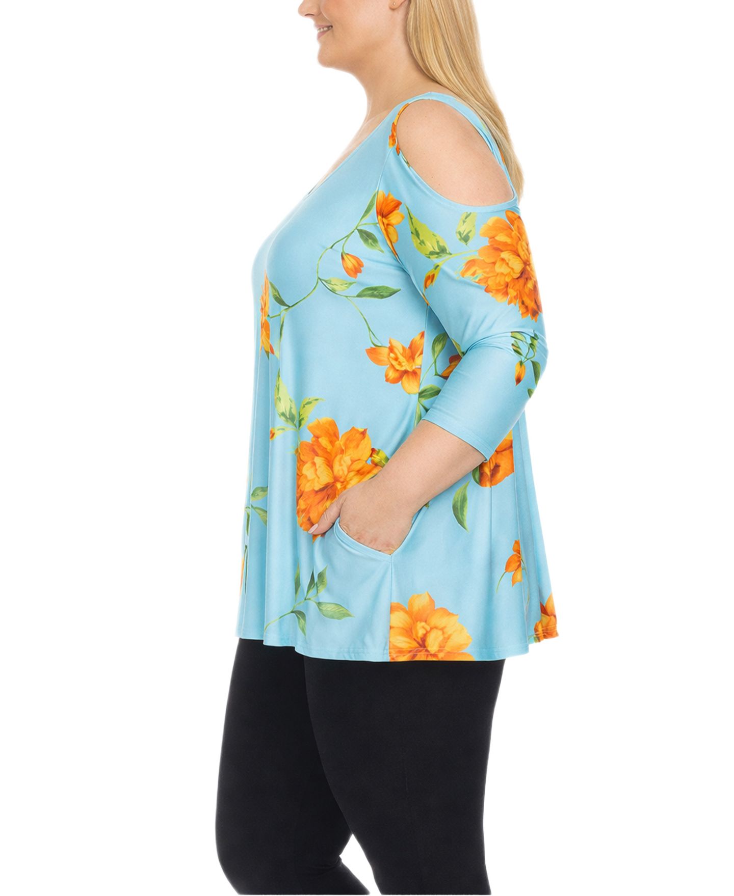 Женский топ White Mark Plus Size Floral Cold Shoulder Knit Tunic Top, цвет: Синий — фото 2