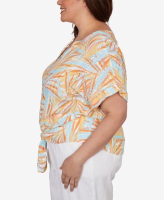 Plus Size Printed Eyelet Gauze V-neck Top with Tie-Front