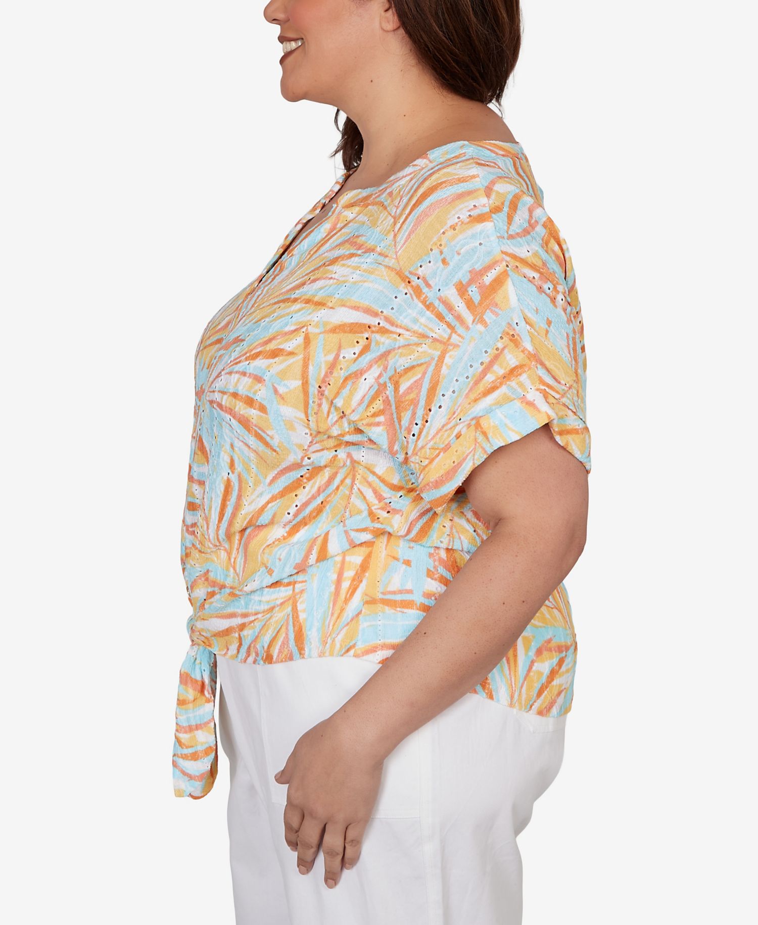Plus Size Printed Eyelet Gauze V-neck Top with Tie-Front
