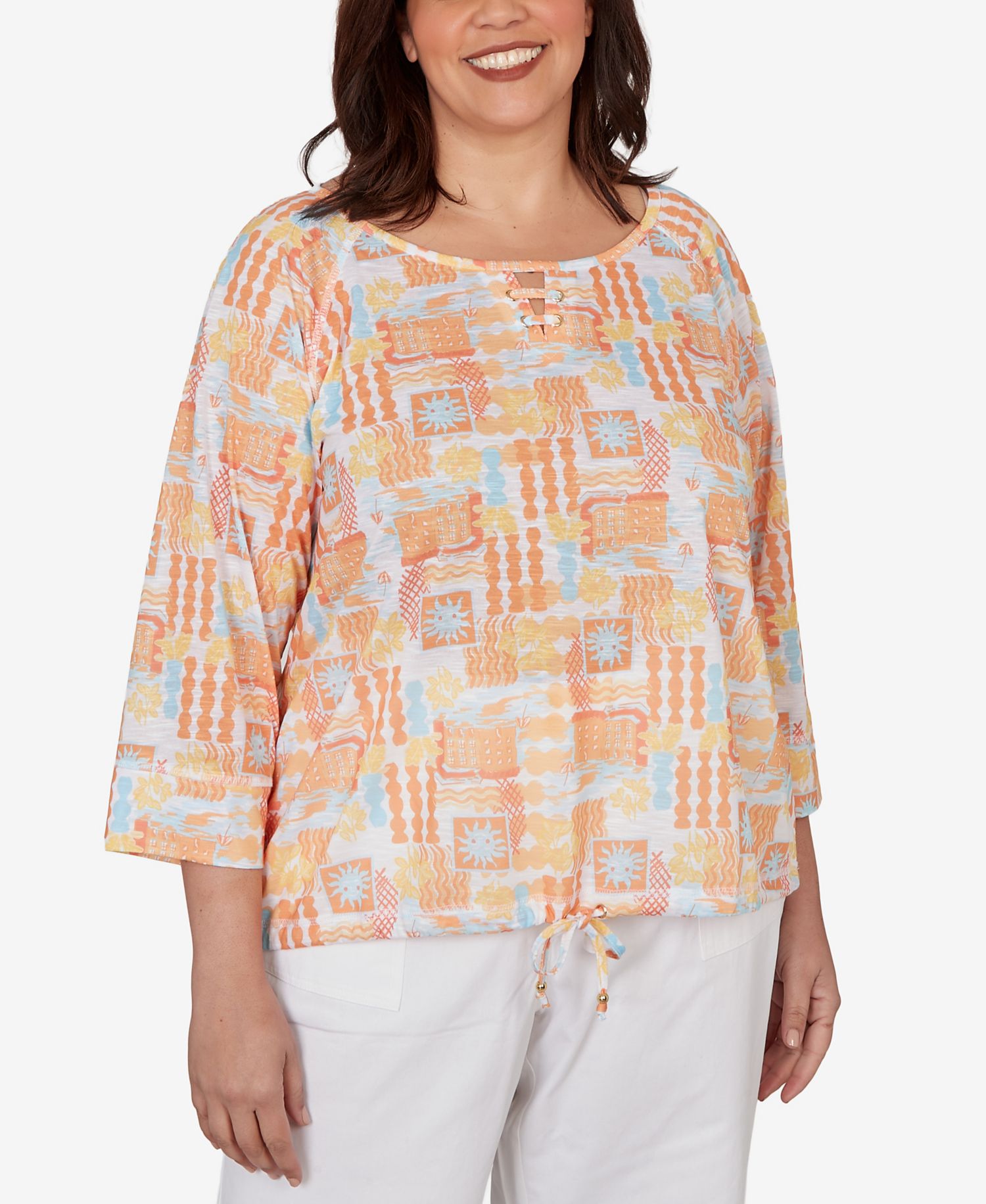 Plus Size Printed Slub Blouson Top with Three-Quarter-Sleeve