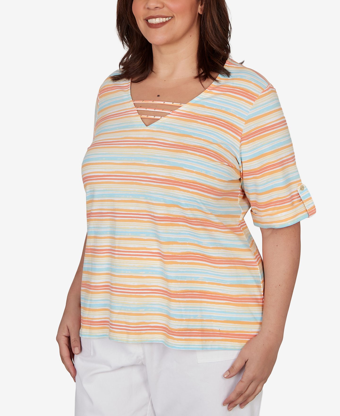 Женский топ HEARTS OF PALM Plus Size Embellished Stretch V-Neck, цвет: Разноцветный — фото 2