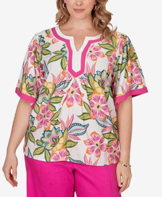 Plus Size Tropical Floral Trim Detail Top