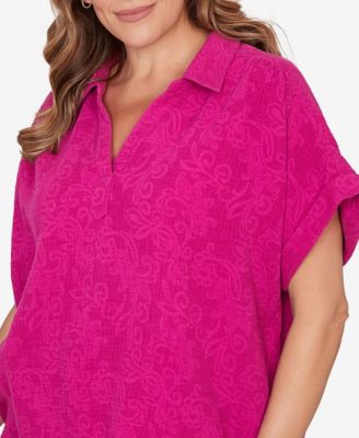 Plus Size Paisley Embossed Gauze Camp Shirt