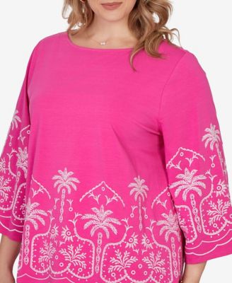 Plus Size Palm Tree Embroidered Knit Top