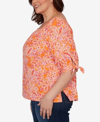Plus Size Paisley Print Tie-Sleeve Knit Top
