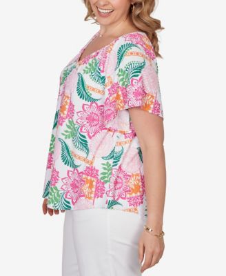 Plus Size Tropical Floral Eyelet Flutter Sleeve Top