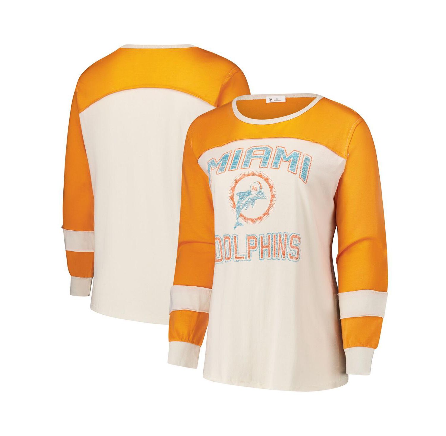Women's Cream/Orange Miami Dolphins Plus Size Double Header Curve Toni Long Sleeve T-Shirt