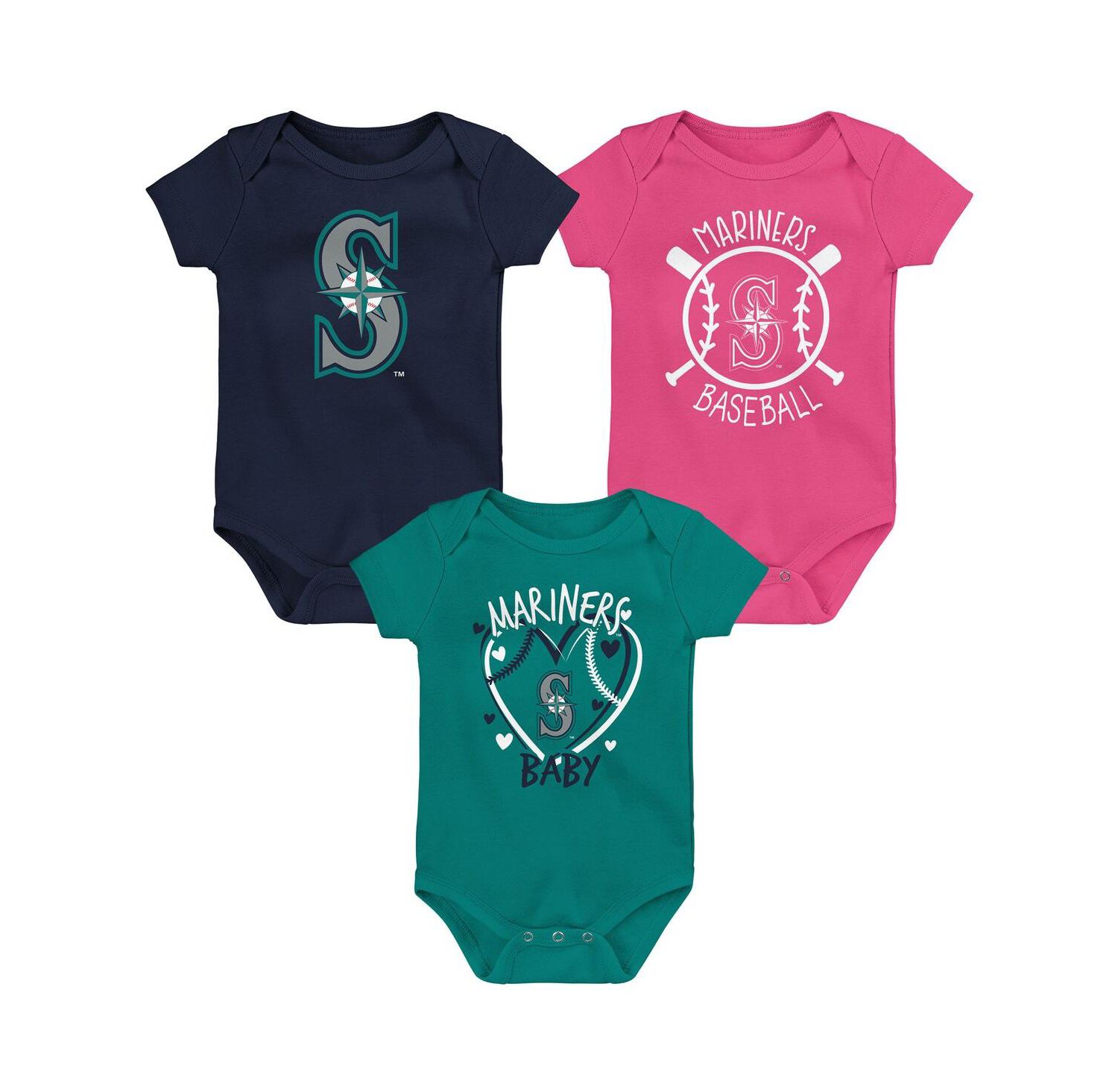 Baby Boys and Girls Three-Pack Seattle Mariners Slide Home Bodysuit Set