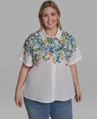 Plus Size Multi-Floral Woven Collared Top