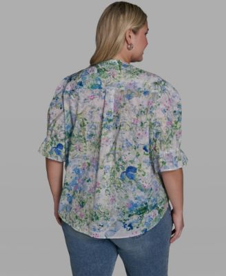 Plus Size Allover Watercolor Split Neck Top