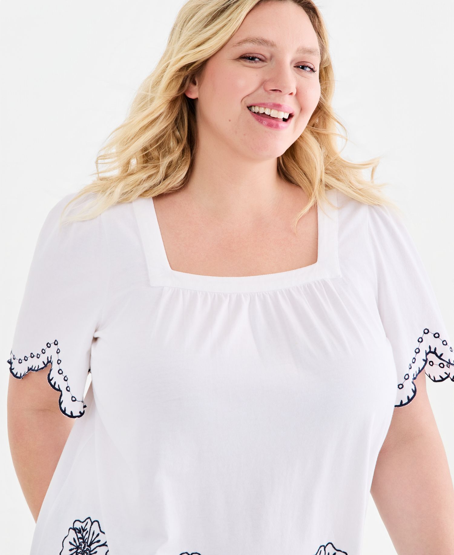 Plus Size Scallop Embroidered-Trim Square-Neck Top