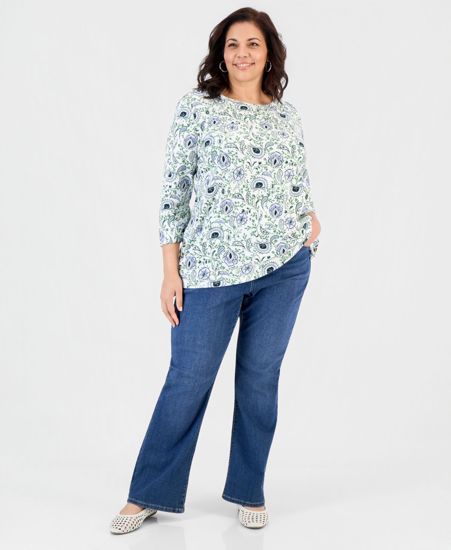 Plus Size Printed Button-Hem 3/4-Sleeve Tunic
