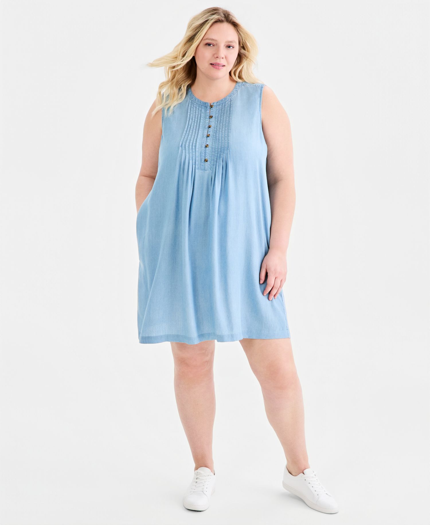 Plus Size Chambray Sleeveless Pintuck Dress