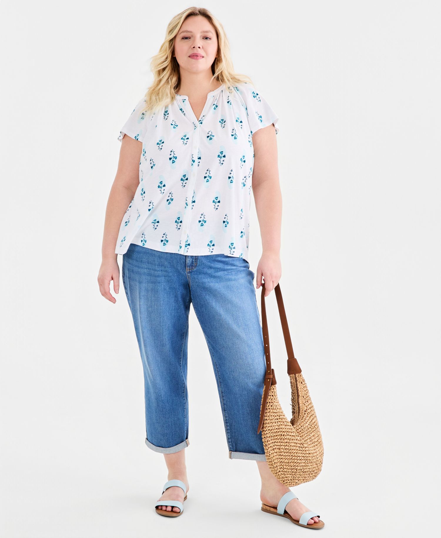 Plus Size Printed Button-Front Flutter-Sleeve Top