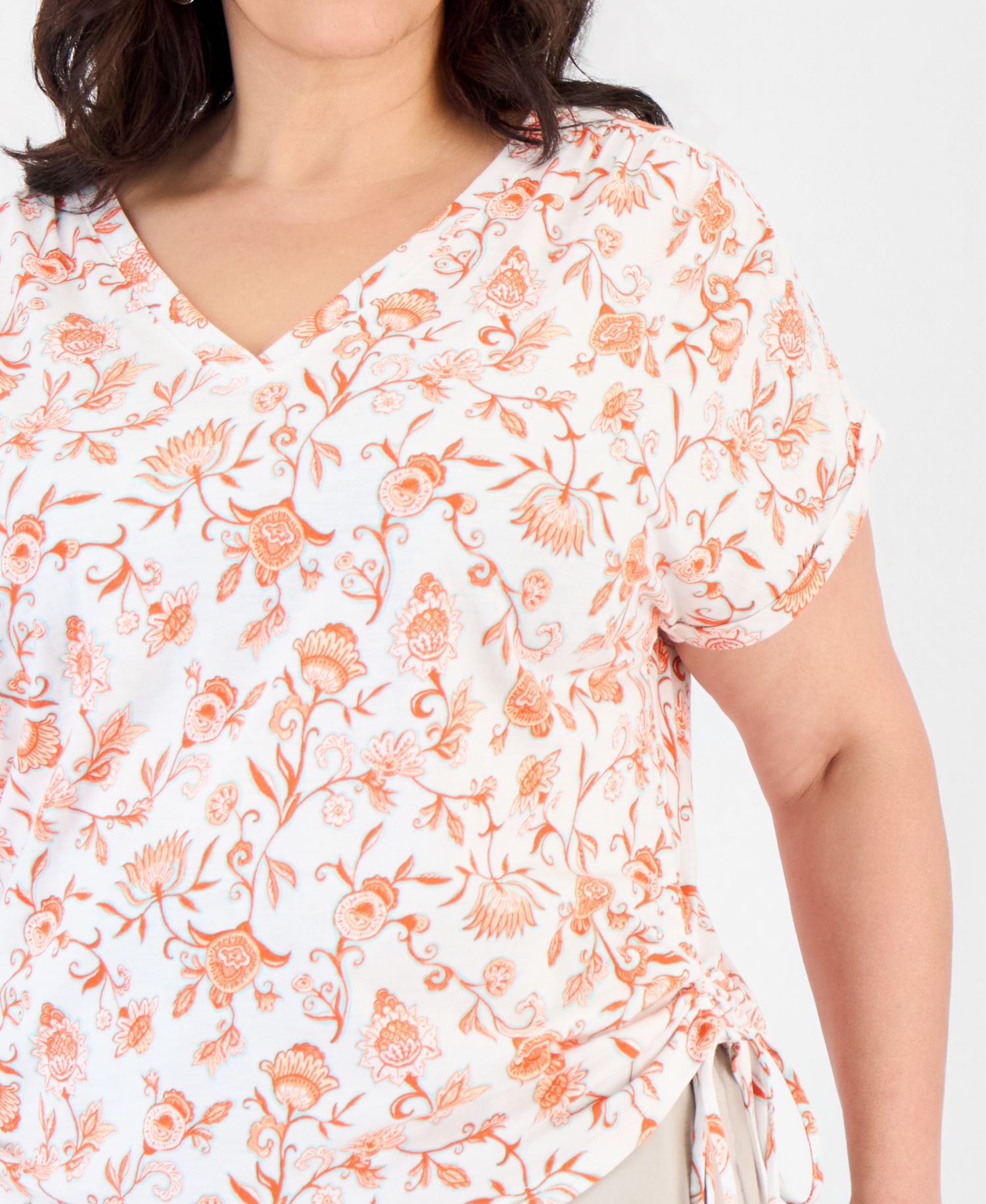 Petite Ruched Tie Fresh Paisley Print V-Neck Top