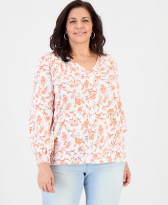 Plus Size Printed Smocked-Cuff Long-Sleeve V-Neck Top