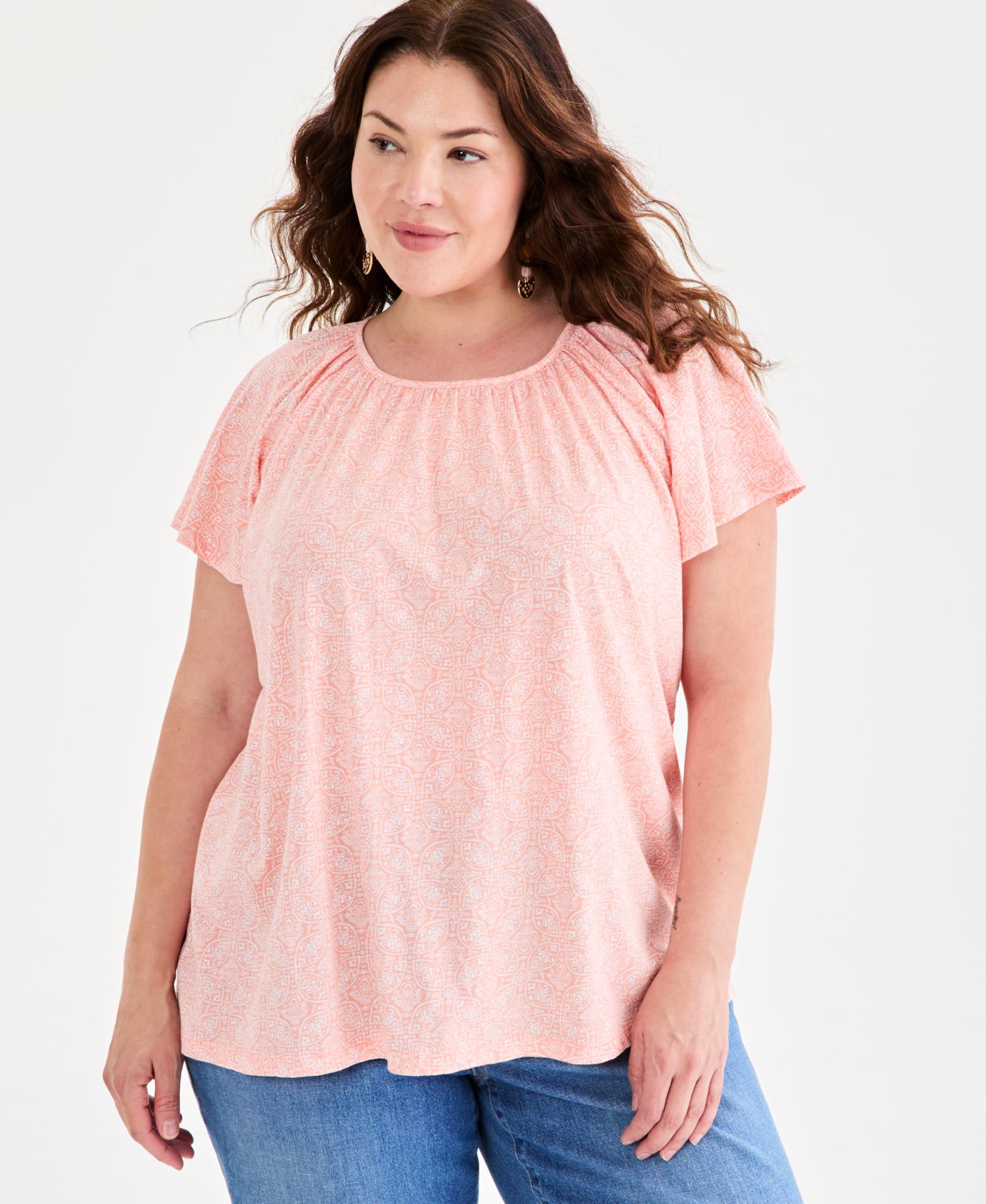 Plus Size Printed Scoop-Neck Flutter-Sleeve Top