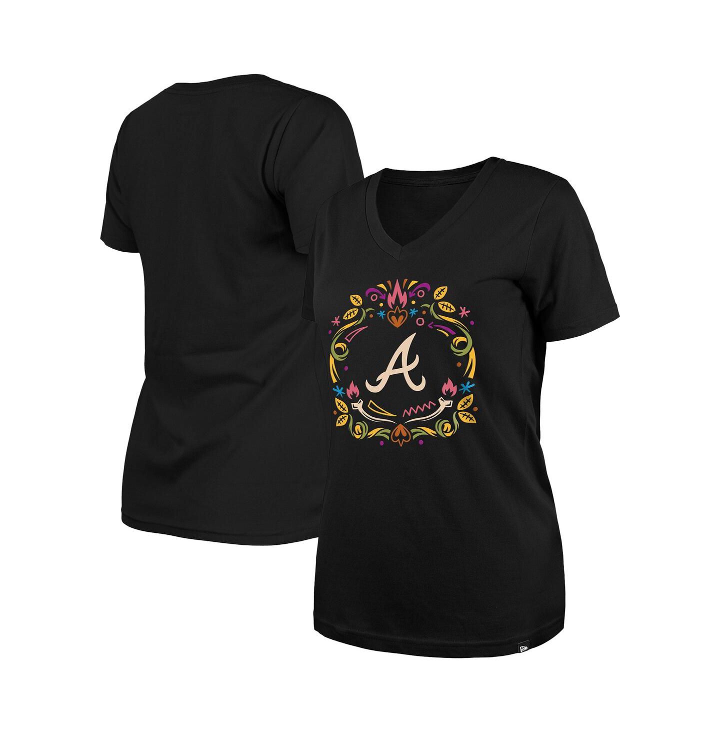 Женская футболка New Era Black Atlanta Braves Día De Los Muertos V-Neck — фото 1