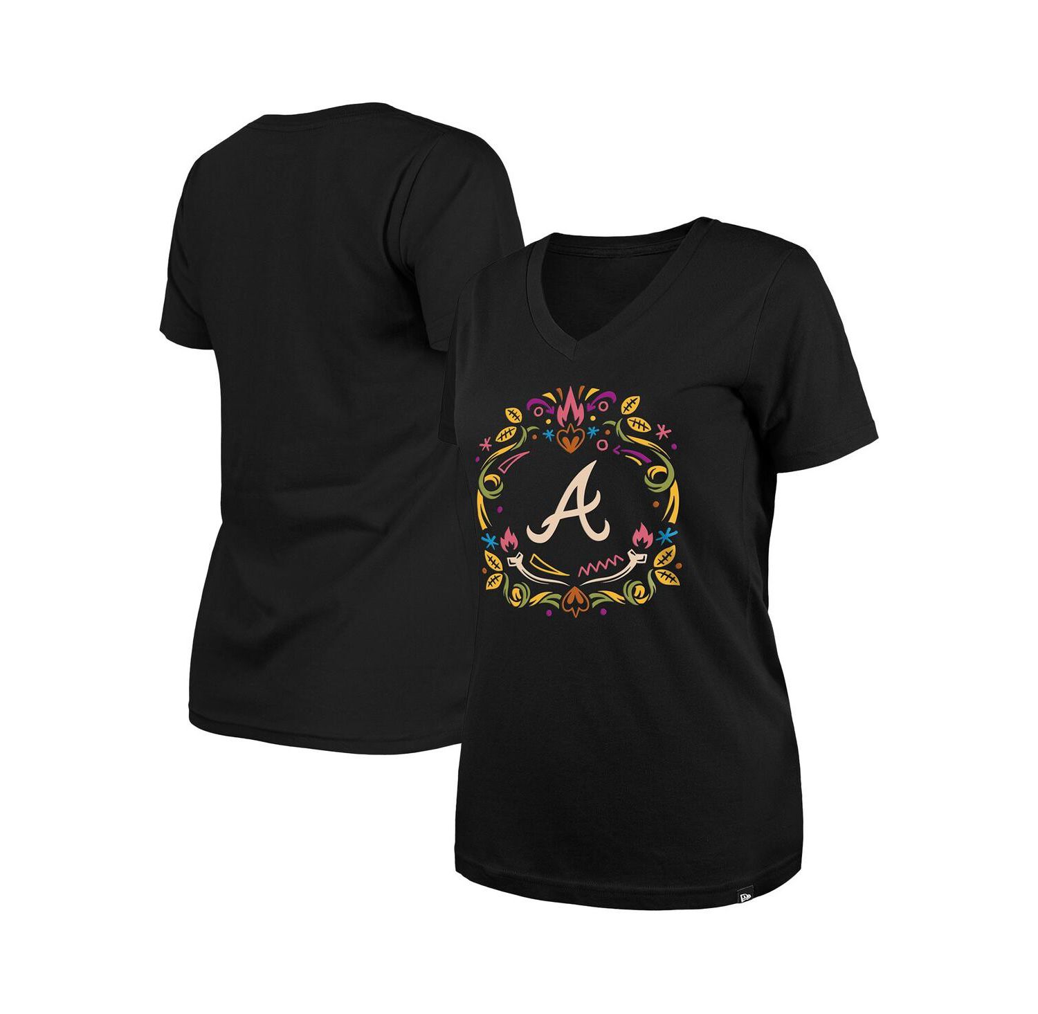 Women's Black Atlanta Braves Día De Los Muertos V-Neck T-Shirt