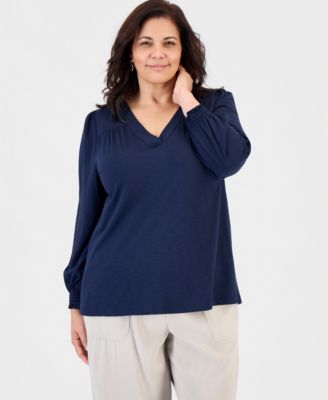 Plus Size V-Neck Smocked-Cuff Long-Sleeve Top