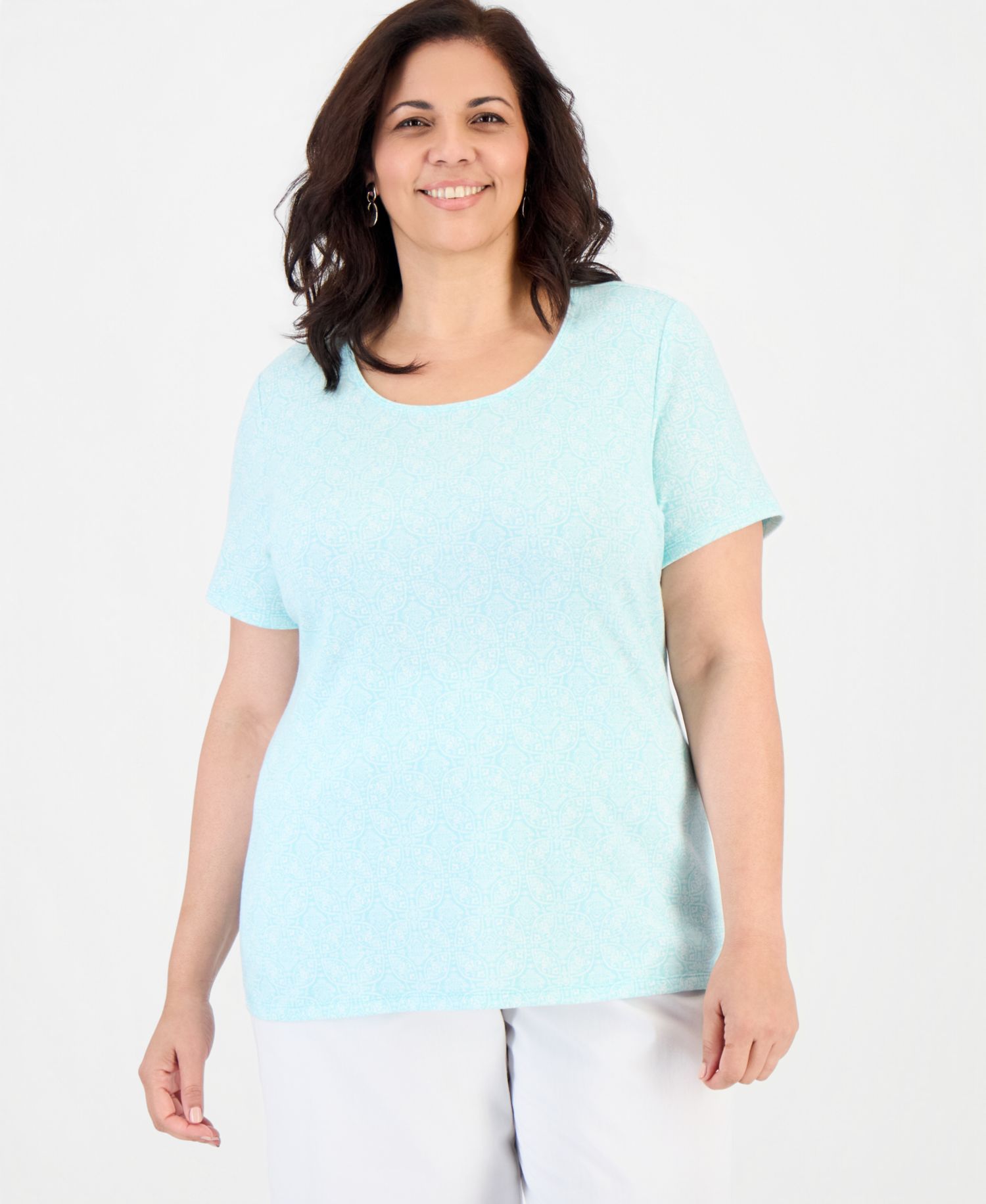 Plus Printed Short-Sleeve Scoop-Neck Top