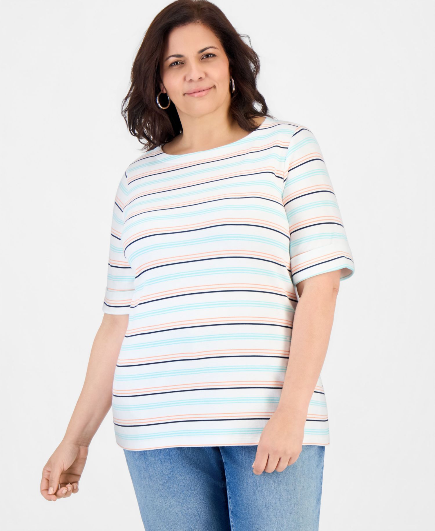 Petite Elbow-Sleeve Kelly Stripe Boat Neck Top