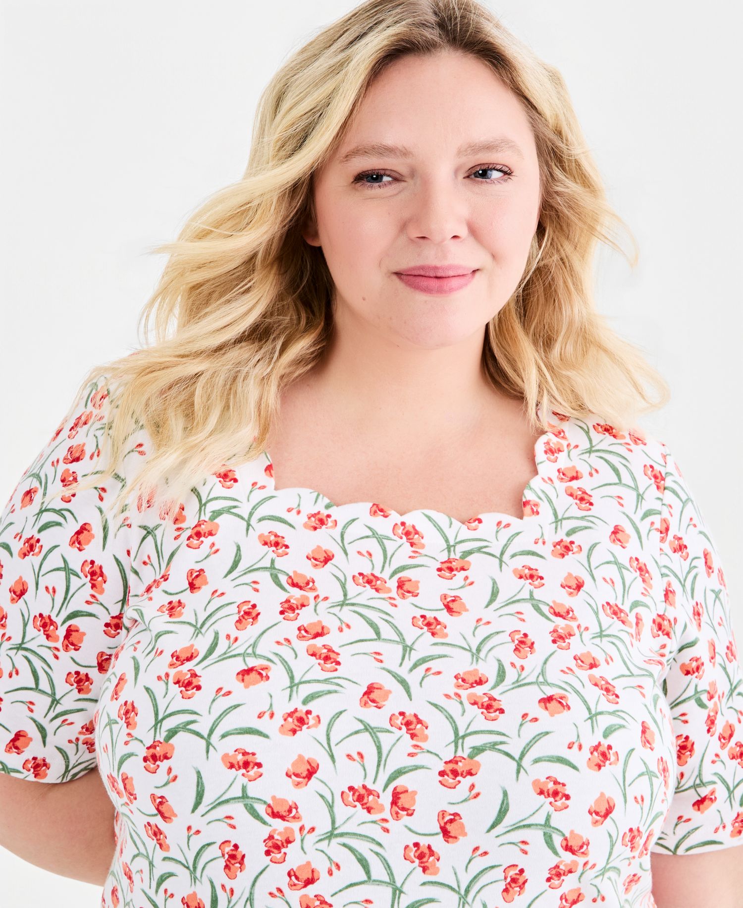 Plus Size Printed Scalloped Square-Neck Top