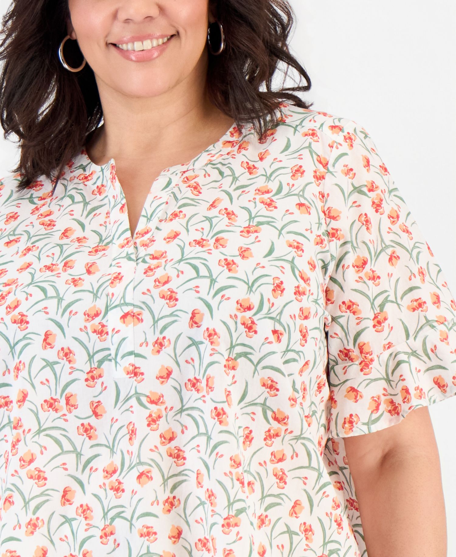 Petite Printed Cotton Split-Neck Popover Top